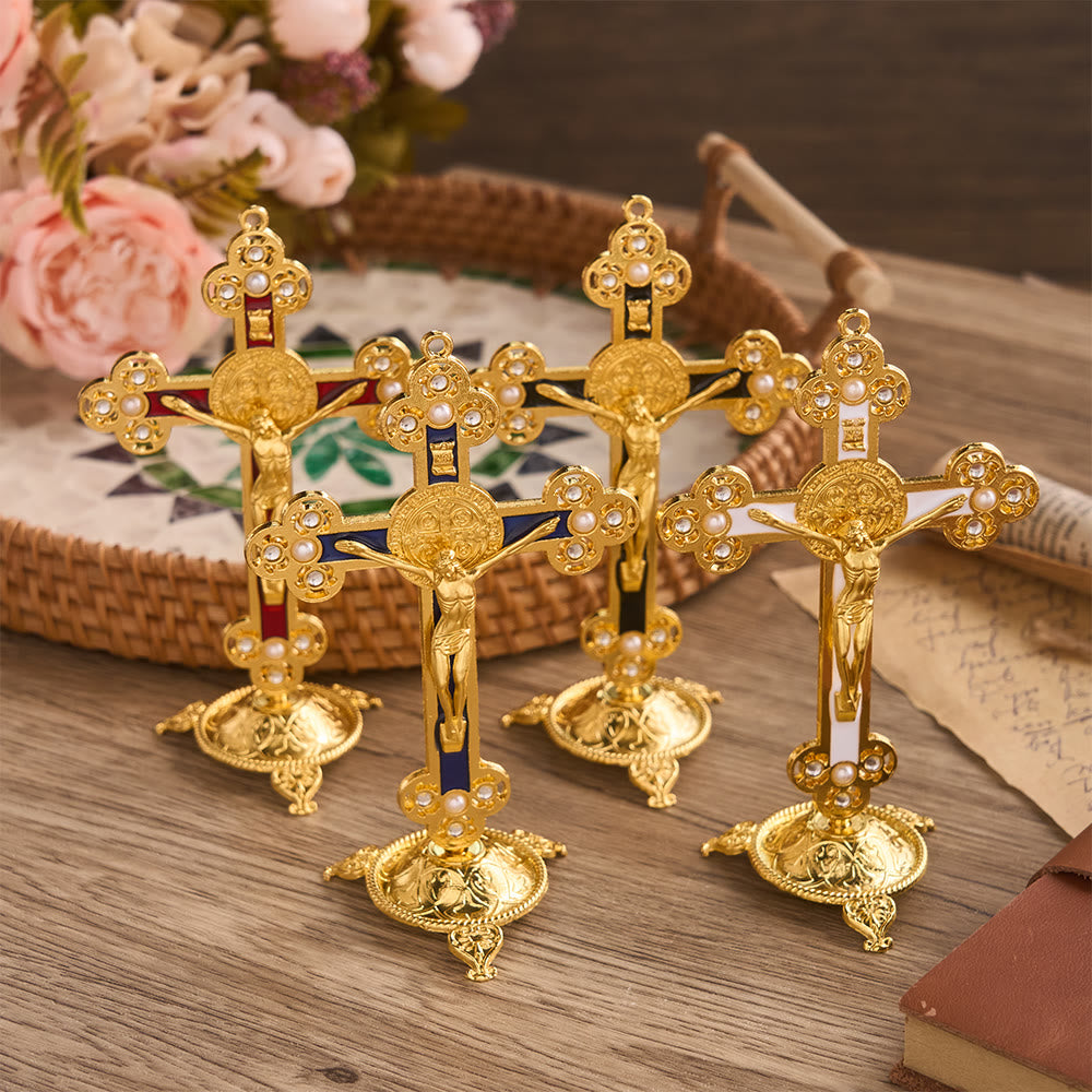 Christianartworkshop Ornate St. Benedict Crucifix Desktop Ornament with Gold Finish & Pearl Accents: A Symbol of Divine Protection - image 0