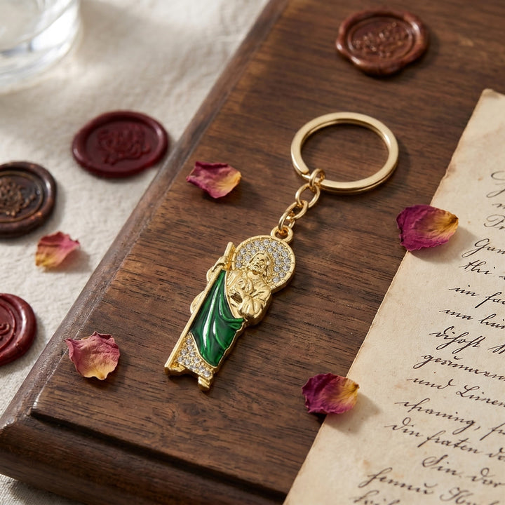 Christianartworkshop Two-Tone St. Jude Keychain with Green Enamel & Zircon Details: A Reminder of Sacred Faith - image 1