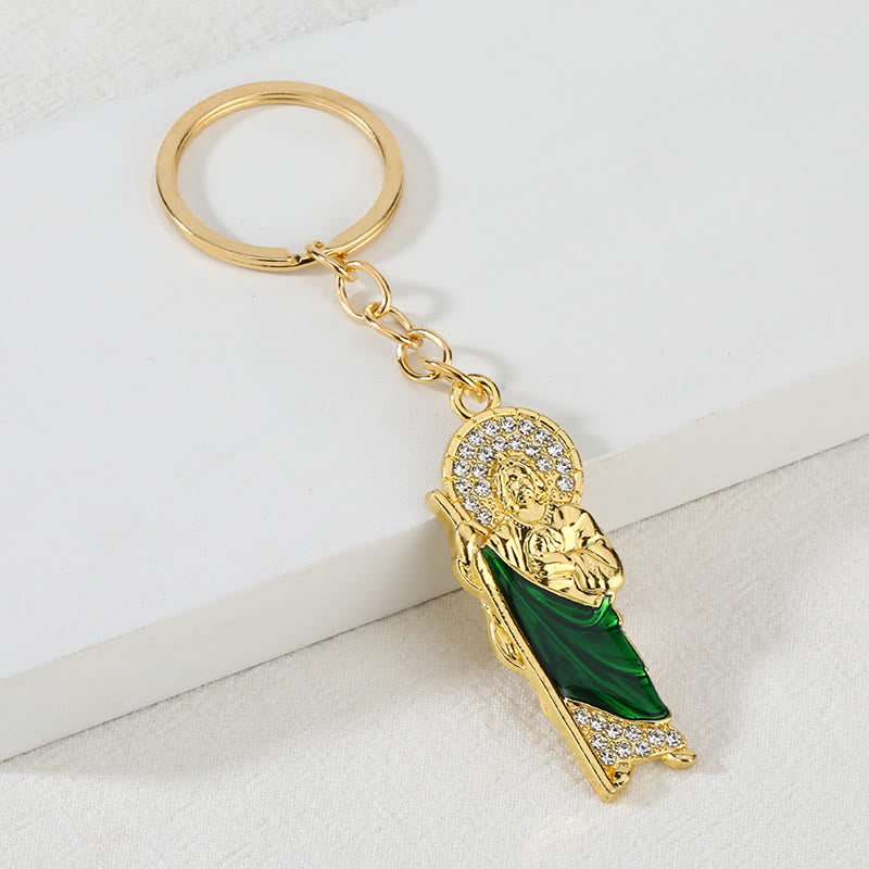 Christianartworkshop Two-Tone St. Jude Keychain with Green Enamel & Zircon Details: A Reminder of Sacred Faith - image 2