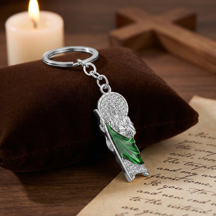 Christianartworkshop Two-Tone St. Jude Keychain with Green Enamel & Zircon Details: A Reminder of Sacred Faith - Silver - image 3