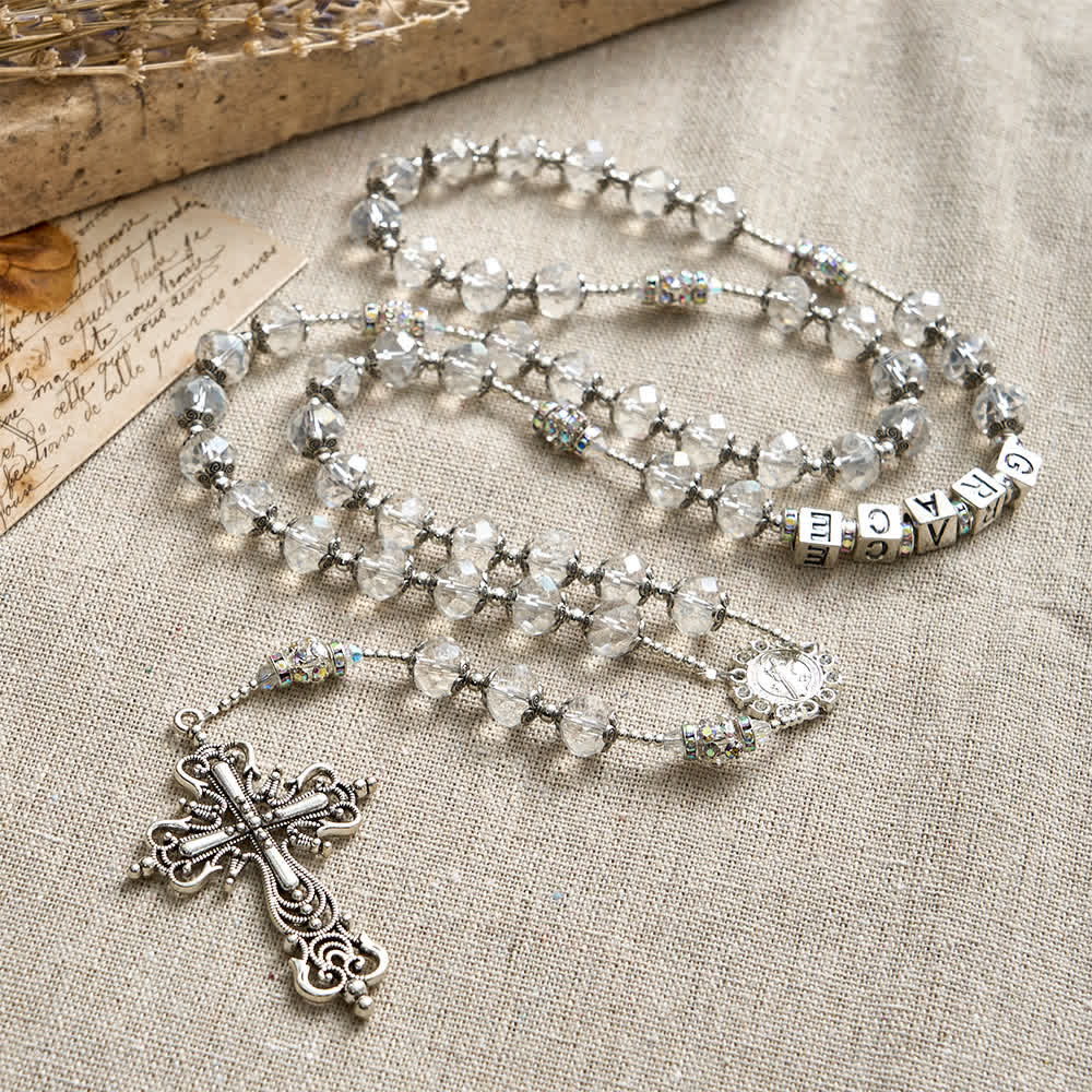 Christianartworkshop Sparkling White St. Benedict Forever Faith Rosary with Custom Name Letters - image 6