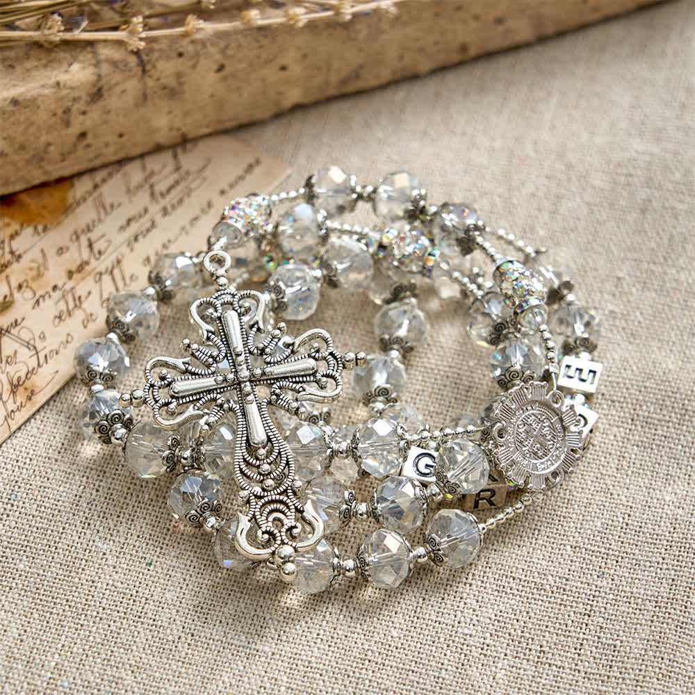 Christianartworkshop Sparkling White St. Benedict Forever Faith Rosary with Custom Name Letters - image 5