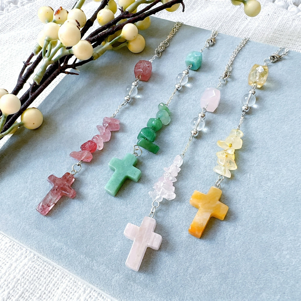 Christianartworkshop Intricate Natural Stone Car Ornament with Crystal Chips and Cross Pendant: A Graceful Keepsake of Faith - image 1
