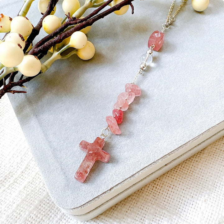 Christianartworkshop Intricate Natural Stone Car Ornament with Crystal Chips and Cross Pendant: A Graceful Keepsake of Faith - image 2