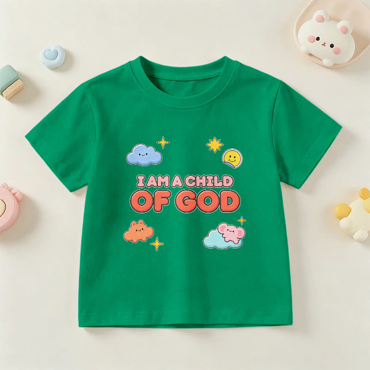 Christianartworkshop Whimsical Smiling Cloud and Sun Accent I Am a Child of God Kids T-Shirt - Green - US/UK/AU 14, EU170 - image 15