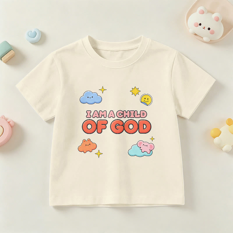 Christianartworkshop Whimsical Smiling Cloud and Sun Accent I Am a Child of God Kids T-Shirt - Beige - US/UK/AU 14, EU170 - image 21