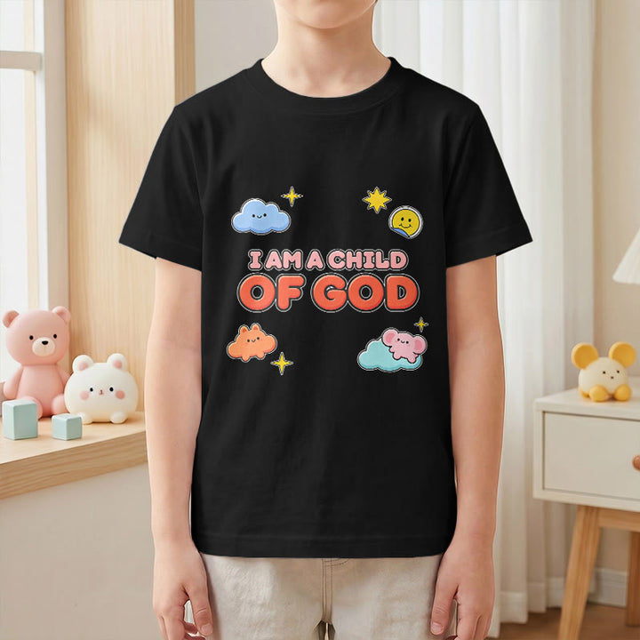 Christianartworkshop Whimsical Smiling Cloud and Sun Accent I Am a Child of God Kids T-Shirt - image 25