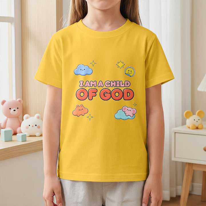 Christianartworkshop Whimsical Smiling Cloud and Sun Accent I Am a Child of God Kids T-Shirt - image 29
