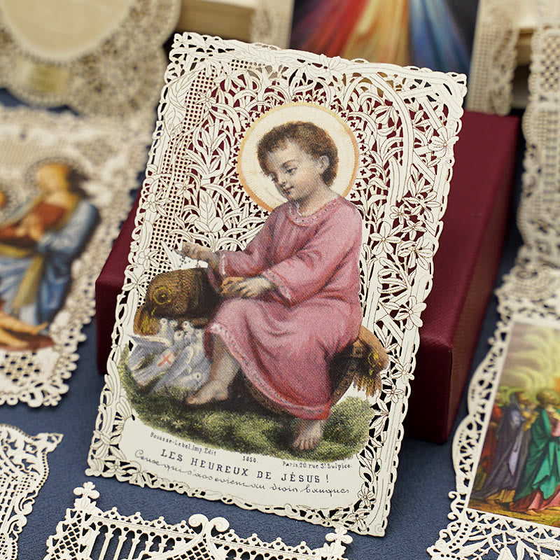 Christianartworkshop Intricate Lace Holy Card Bookmark with Ornate Floral Border: A Reminder of Divine Beauty - B - image 2