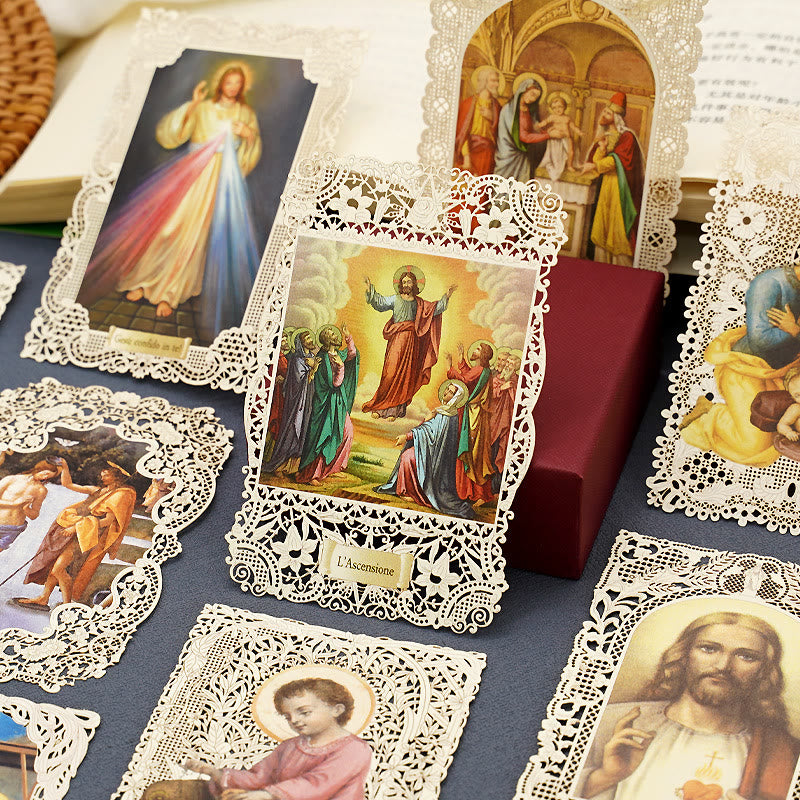 Christianartworkshop Intricate Lace Holy Card Bookmark with Ornate Floral Border: A Reminder of Divine Beauty - image 0