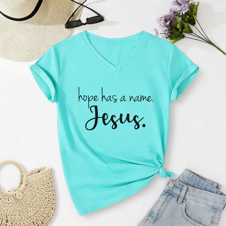Christianartworkshop Hope Has A Name Jesus Print V-Neck T-shirt - Sky Blue - 2XL - image 0
