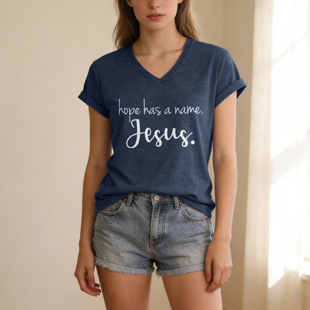 Christianartworkshop Hope Has A Name Jesus Print V-Neck T-shirt - image 17
