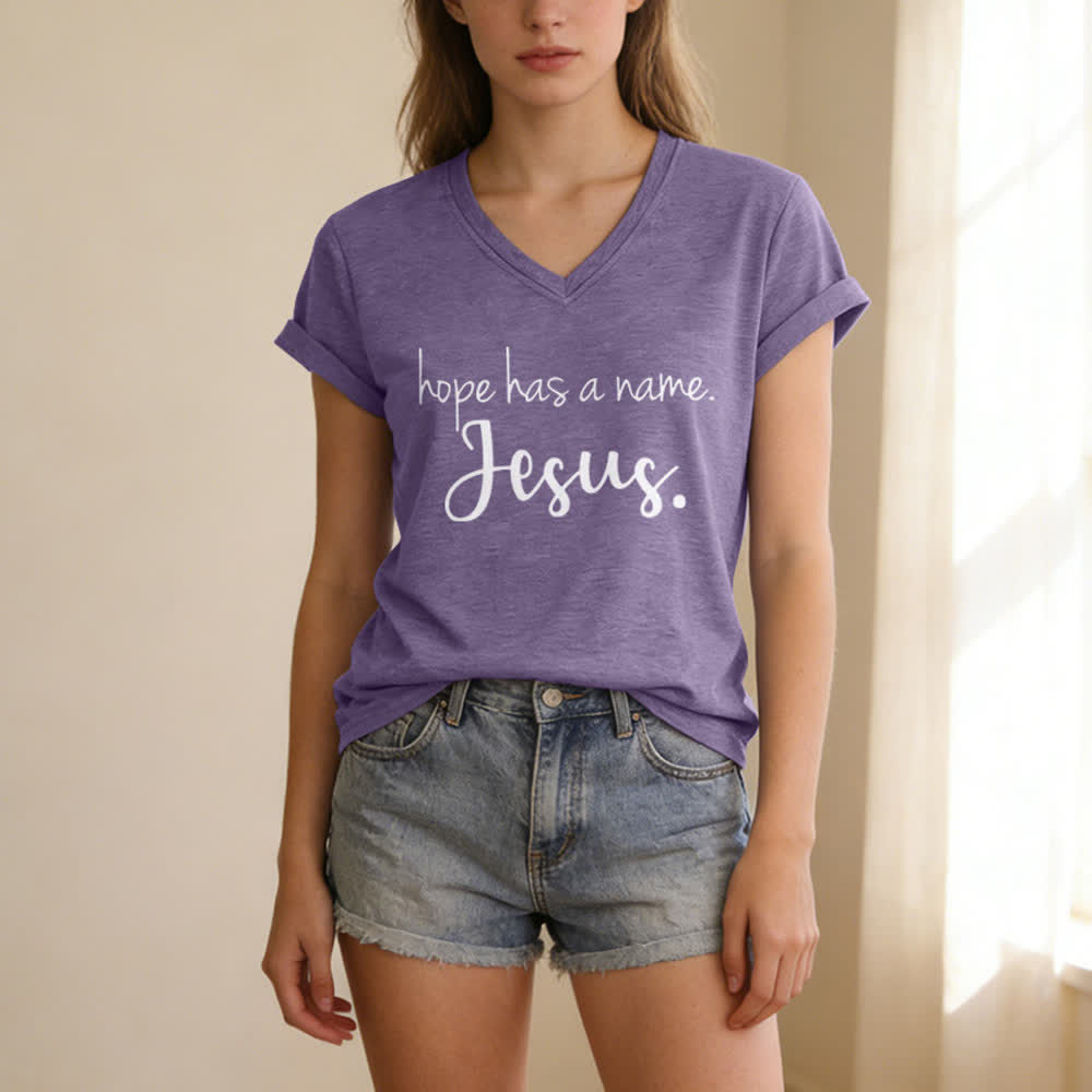 Christianartworkshop Hope Has A Name Jesus Print V-Neck T-shirt - image 25