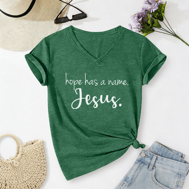 Christianartworkshop Hope Has A Name Jesus Print V-Neck T-shirt - Dark Green - 2XL - image 14