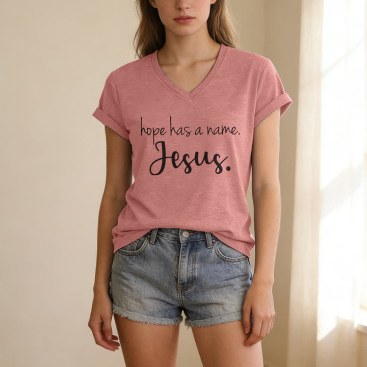 Christianartworkshop Hope Has A Name Jesus Print V-Neck T-shirt - image 19