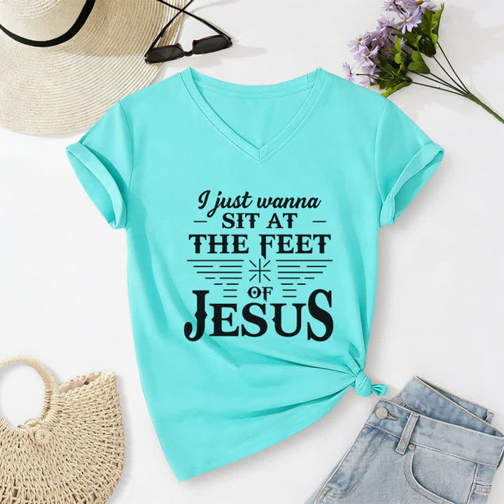 Christianartworkshop I Just Wanna Sit At The Feet of Jesus Print V-Neck T-shirt - Sky Blue - 2XL - image 16