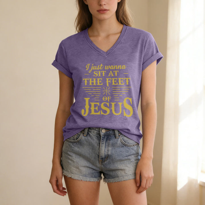 Christianartworkshop I Just Wanna Sit At The Feet of Jesus Print V-Neck T-shirt - image 25