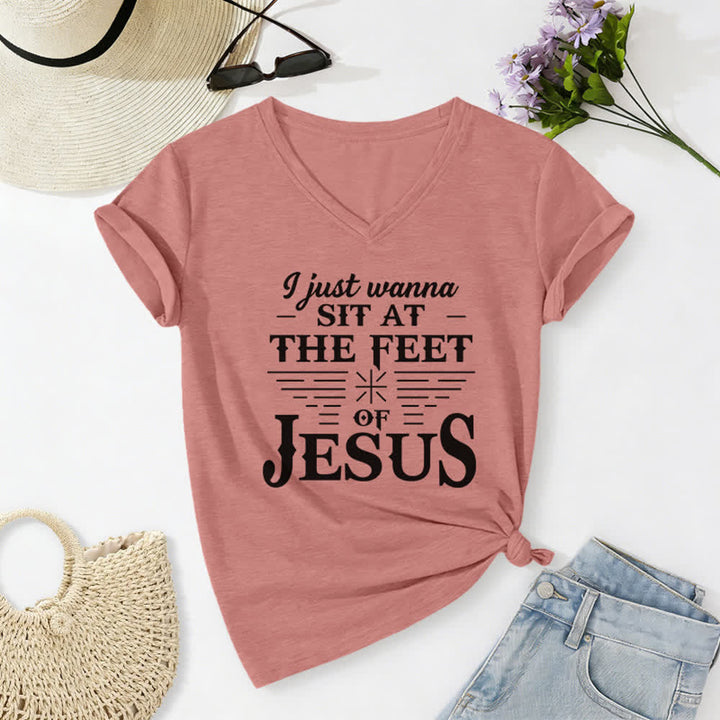 Christianartworkshop I Just Wanna Sit At The Feet of Jesus Print V-Neck T-shirt - Light Pink - 2XL - image 18