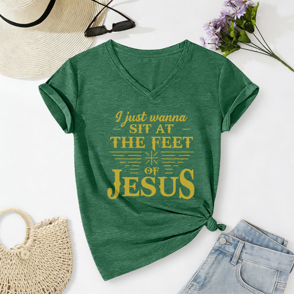 Christianartworkshop I Just Wanna Sit At The Feet of Jesus Print V-Neck T-shirt - Dark Green - 2XL - image 14