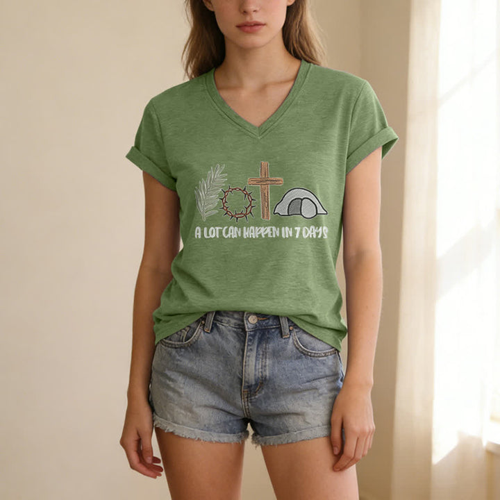 Christianartworkshop Easter Faith A Lot Can Happend In 7 Days Print V-Neck T-shirt - image 11
