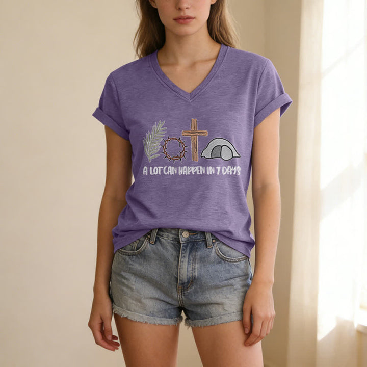Christianartworkshop Easter Faith A Lot Can Happend In 7 Days Print V-Neck T-shirt - image 25