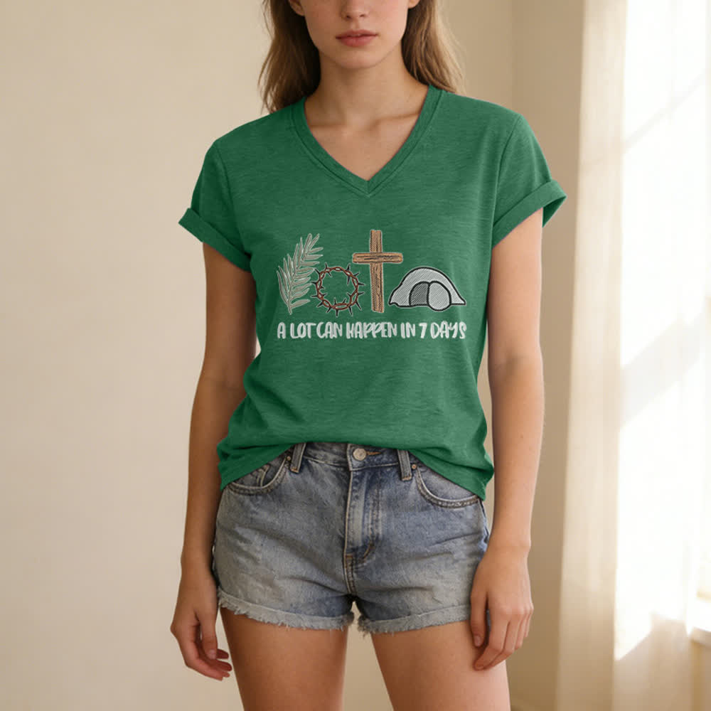 Christianartworkshop Easter Faith A Lot Can Happend In 7 Days Print V-Neck T-shirt - image 13
