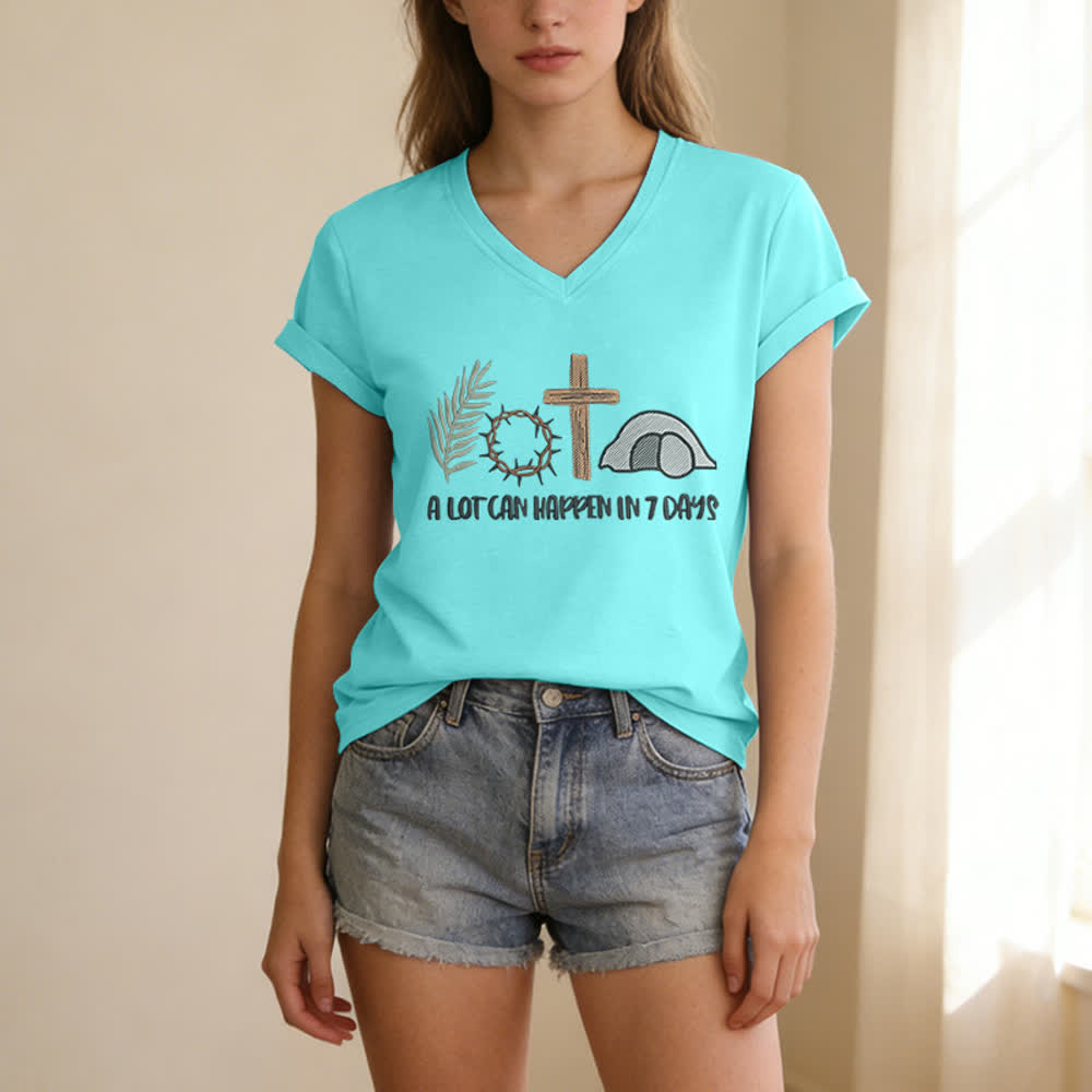 Christianartworkshop Easter Faith A Lot Can Happend In 7 Days Print V-Neck T-shirt - image 15