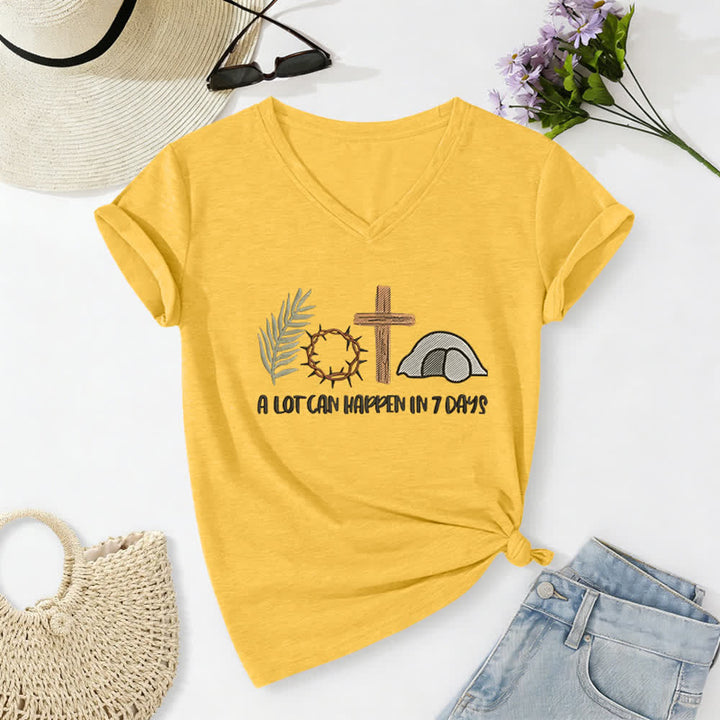 Christianartworkshop Easter Faith A Lot Can Happend In 7 Days Print V-Neck T-shirt - Yellow - 2XL - image 8