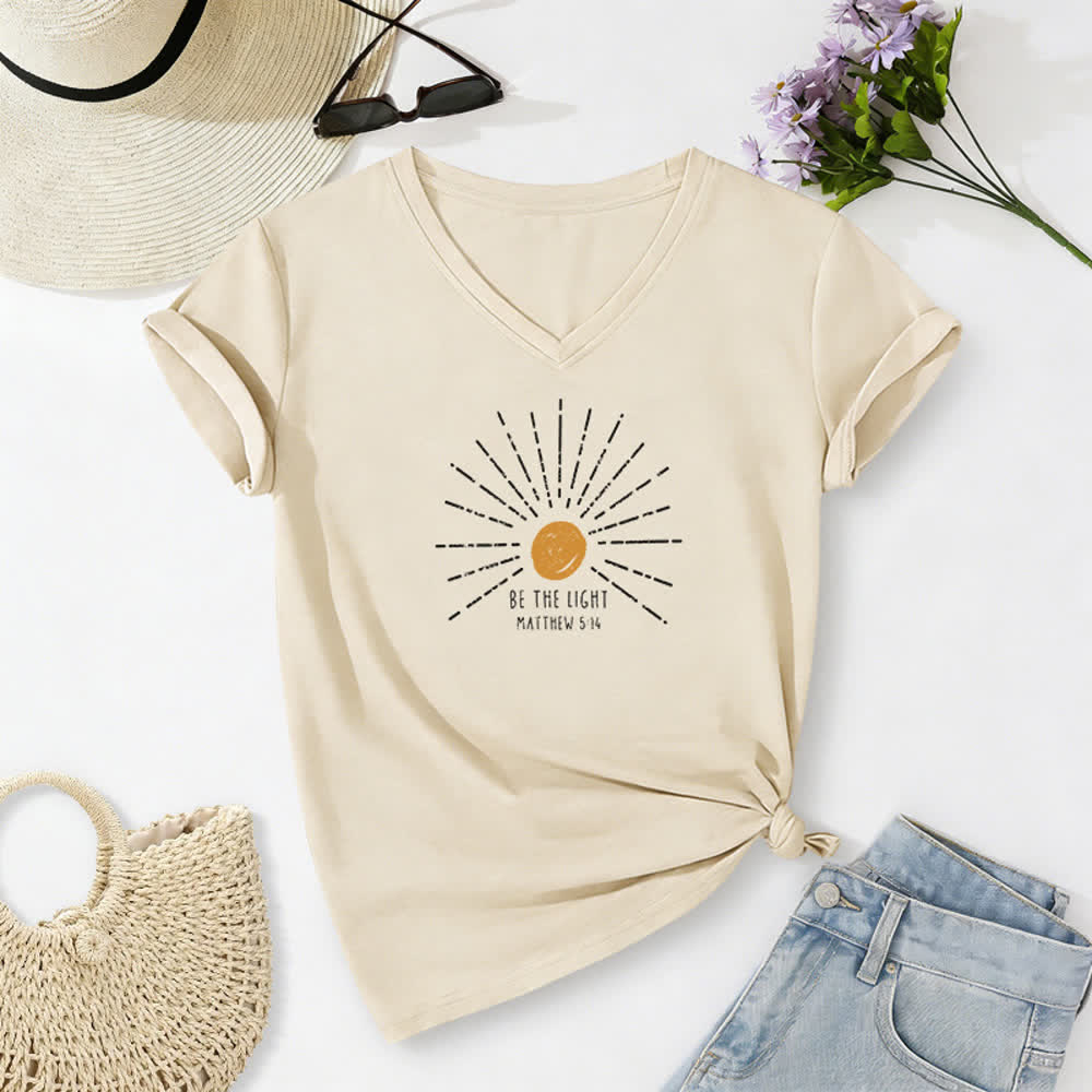 Christianartworkshop Women's Be The Light Matthew 5:14 Print Print V-Neck T-shirt - Beige - 2XL - image 8