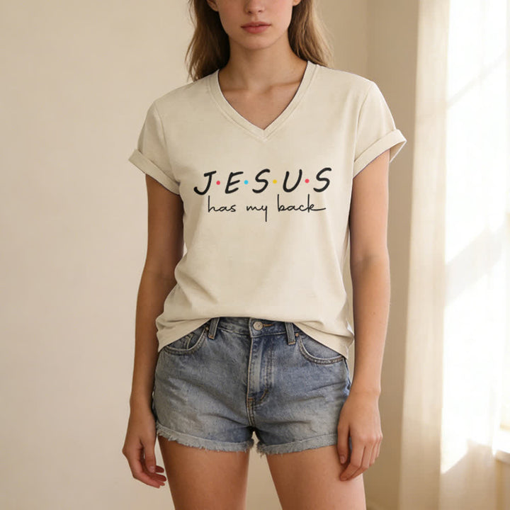 Christianartworkshop Women's Jesus Has My Back Print V-Neck T-shirt - image 9