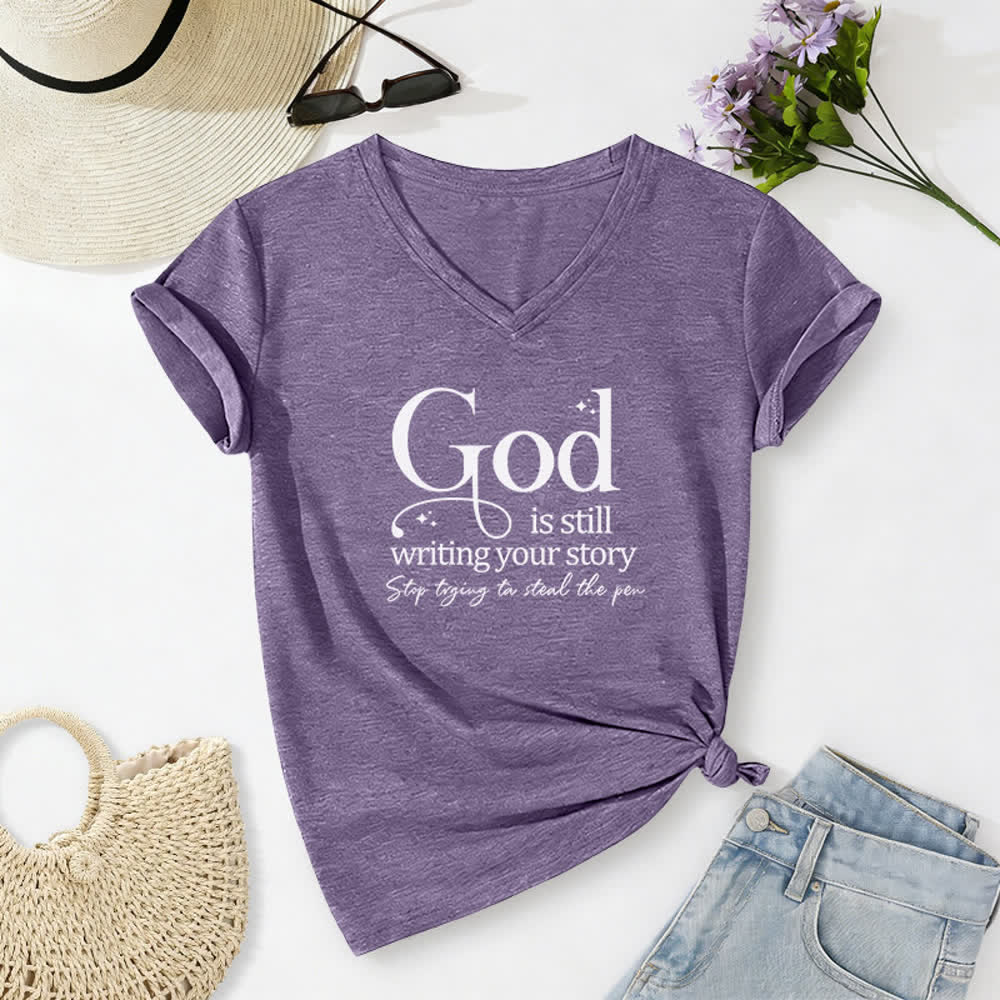 Christianartworkshop Women's God Is Still Writing Your Story Print V-Neck T-shirt - Purple - 2XL - image 0