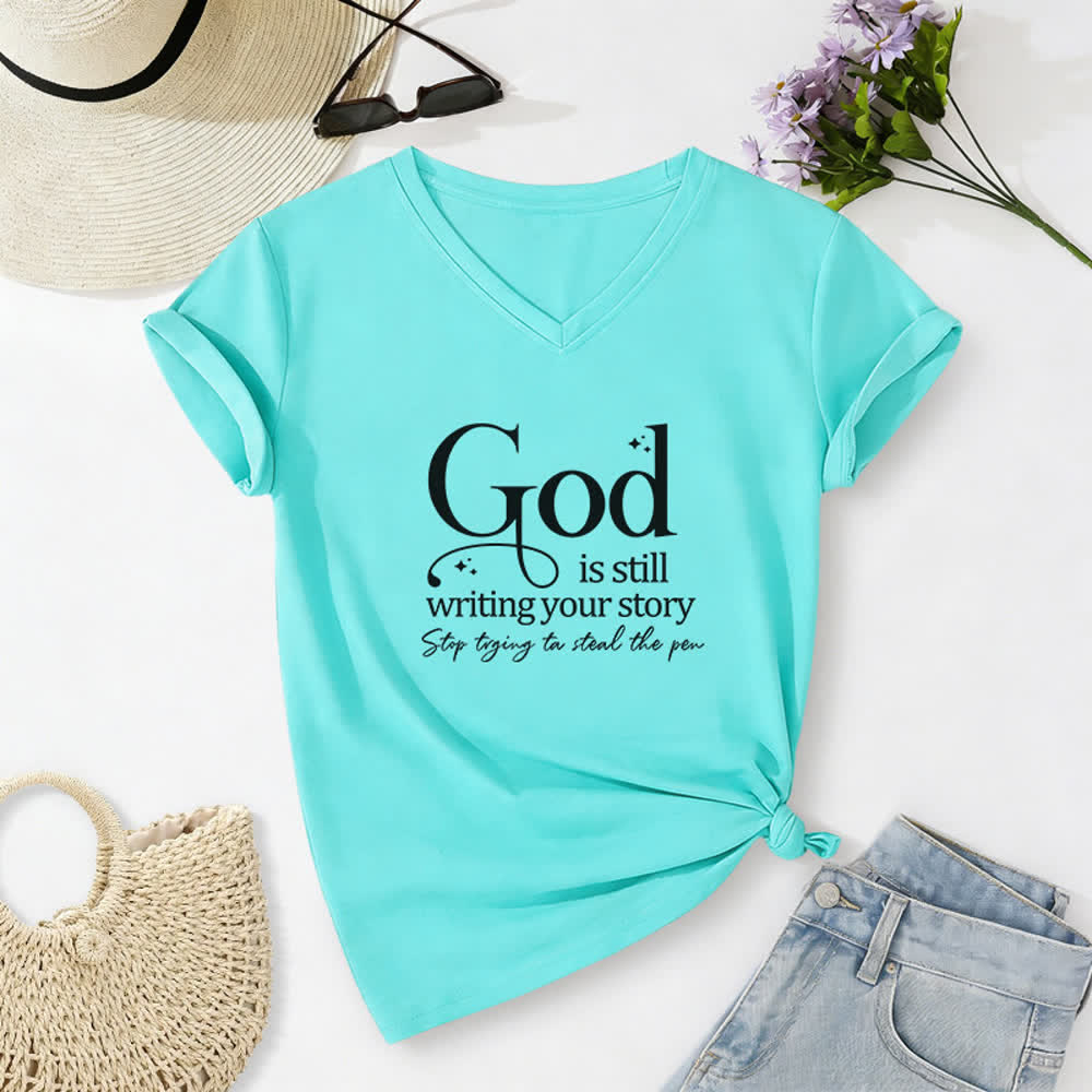 Christianartworkshop Women's God Is Still Writing Your Story Print V-Neck T-shirt - Sky Blue - 2XL - image 16