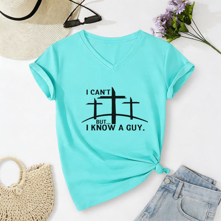 Christianartworkshop I Can't But I Know A Guy Print V-Neck T-shirt - Sky Blue - 2XL - image 14