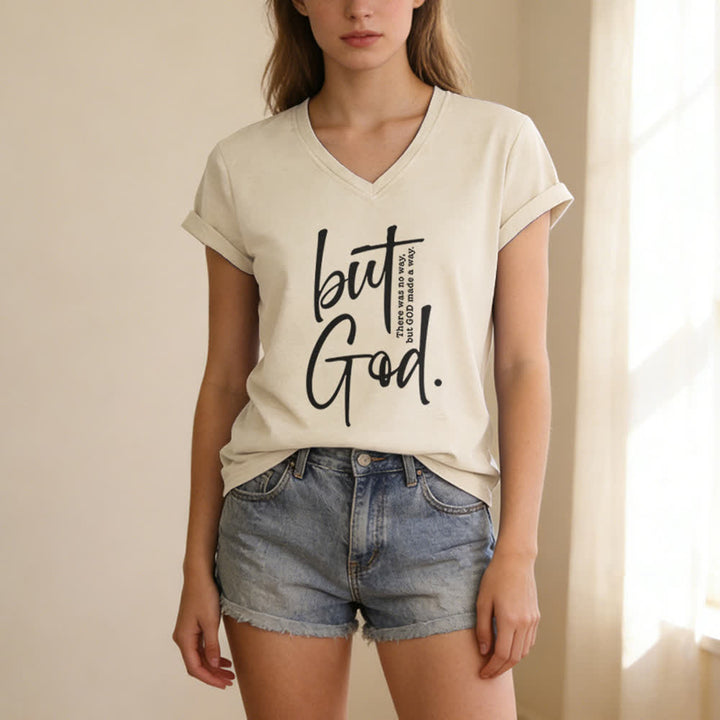 Christianartworkshop Women's Faith Christian But God Bible Verse Print V-Neck T-shirt - image 7