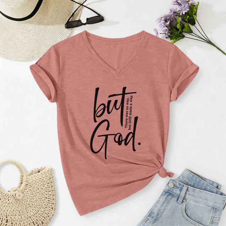 Christianartworkshop Women's Faith Christian But God Bible Verse Print V-Neck T-shirt - Light Pink - 2XL - image 18
