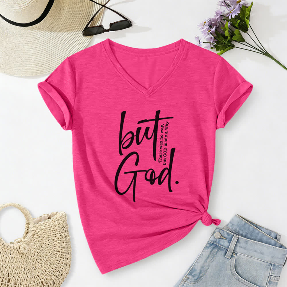 Christianartworkshop Women's Faith Christian But God Bible Verse Print V-Neck T-shirt - Rose - 2XL - image 22