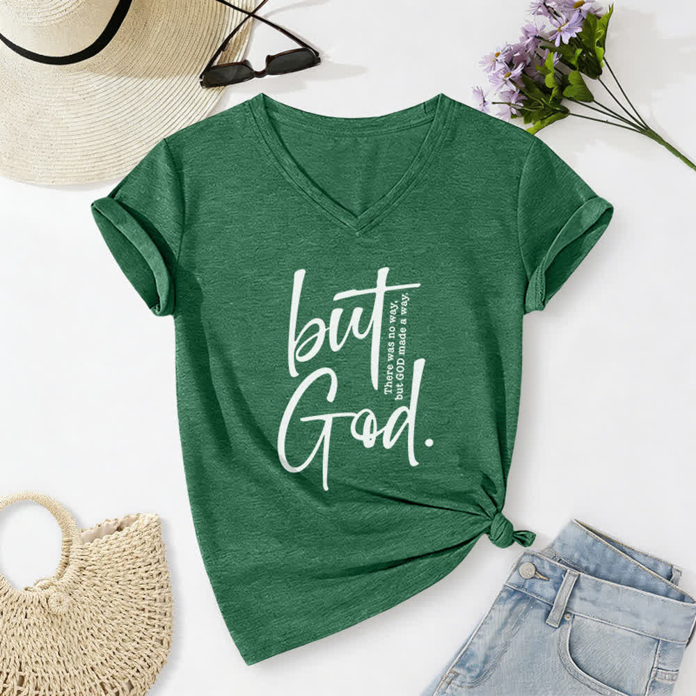 Christianartworkshop Women's Faith Christian But God Bible Verse Print V-Neck T-shirt - Dark Green - 2XL - image 12
