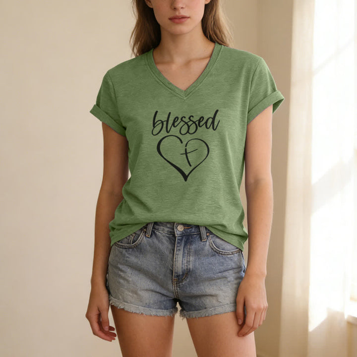 Christianartworkshop Women's Blessed Love Cross Jesus Has My Back Print V-Neck T-shirt - image 11