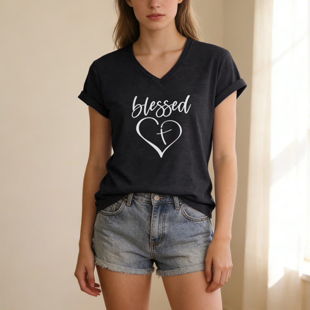 Christianartworkshop Women's Blessed Love Cross Jesus Has My Back Print V-Neck T-shirt - image 3