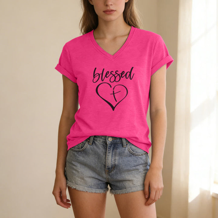 Christianartworkshop Women's Blessed Love Cross Jesus Has My Back Print V-Neck T-shirt - image 23