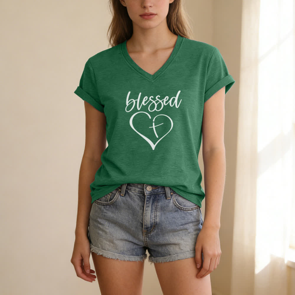 Christianartworkshop Women's Blessed Love Cross Jesus Has My Back Print V-Neck T-shirt - image 13