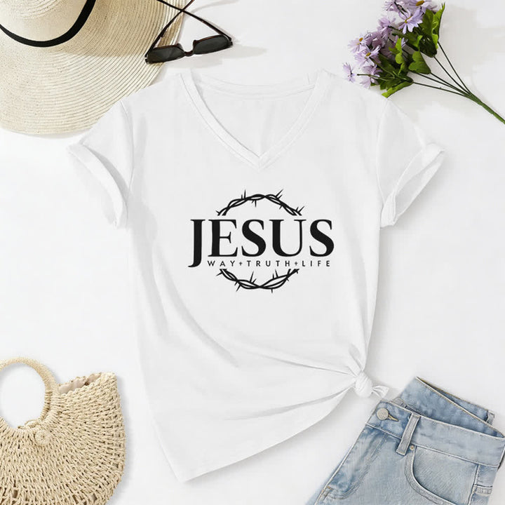Christianartworkshop Women's Jesus Print Casual Print V-Neck T-shirt - White - 2XL - image 2
