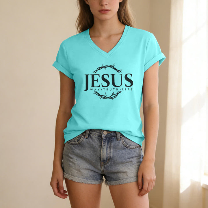 Christianartworkshop Women's Jesus Print Casual Print V-Neck T-shirt - image 15