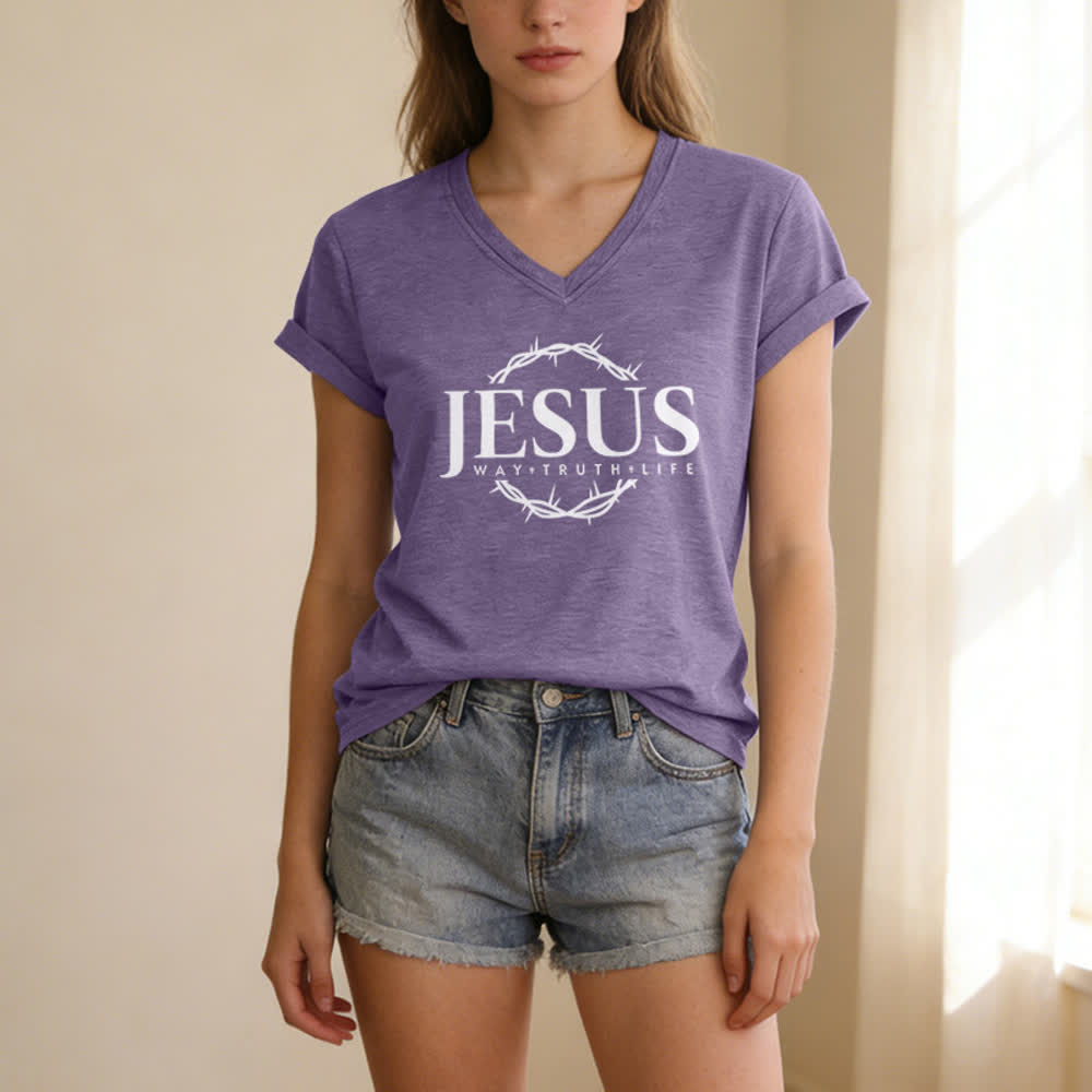 Christianartworkshop Women's Jesus Print Casual Print V-Neck T-shirt - image 25