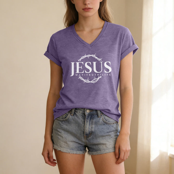 Christianartworkshop Women's Jesus Print Casual Print V-Neck T-shirt - image 25