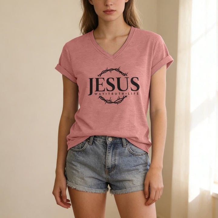 Christianartworkshop Women's Jesus Print Casual Print V-Neck T-shirt - image 19