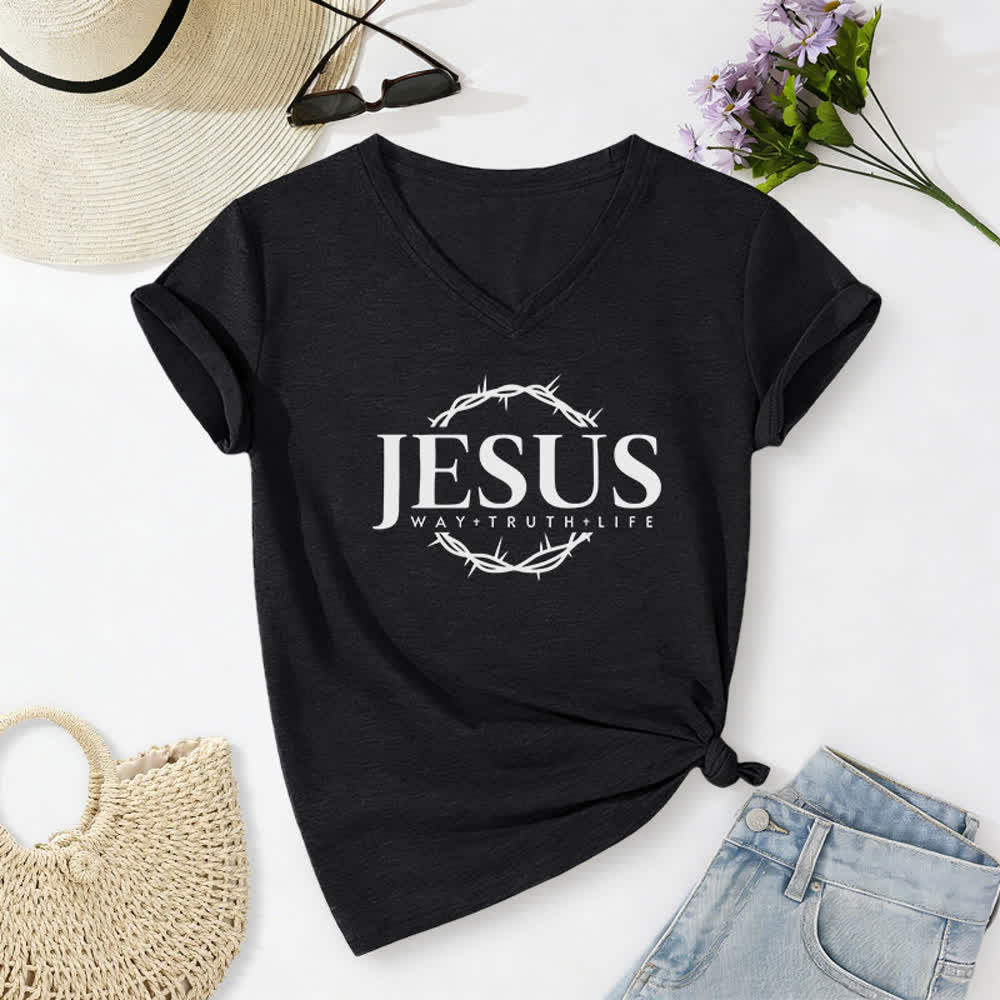 Christianartworkshop Women's Jesus Print Casual Print V-Neck T-shirt - Black - 2XL - image 0