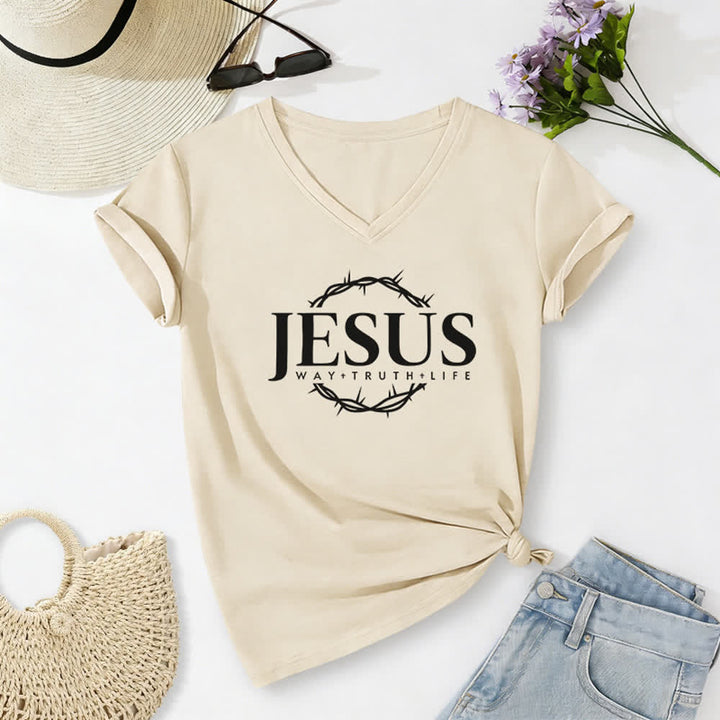 Christianartworkshop Women's Jesus Print Casual Print V-Neck T-shirt - Beige - 2XL - image 6