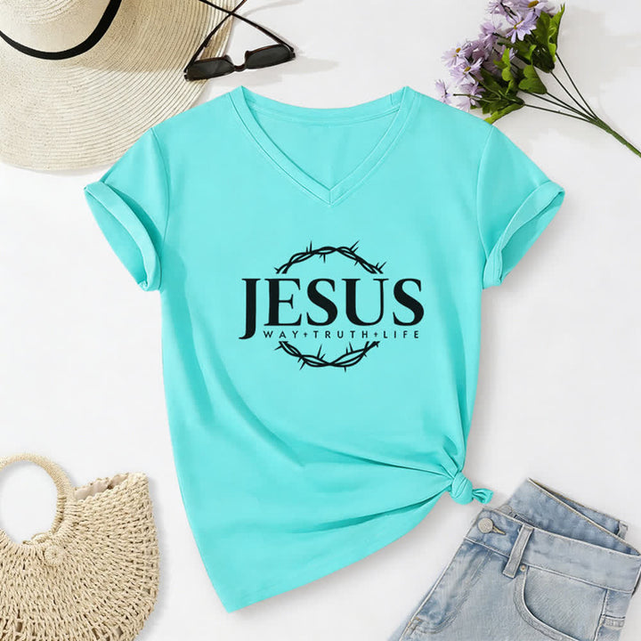 Christianartworkshop Women's Jesus Print Casual Print V-Neck T-shirt - Sky Blue - 2XL - image 14
