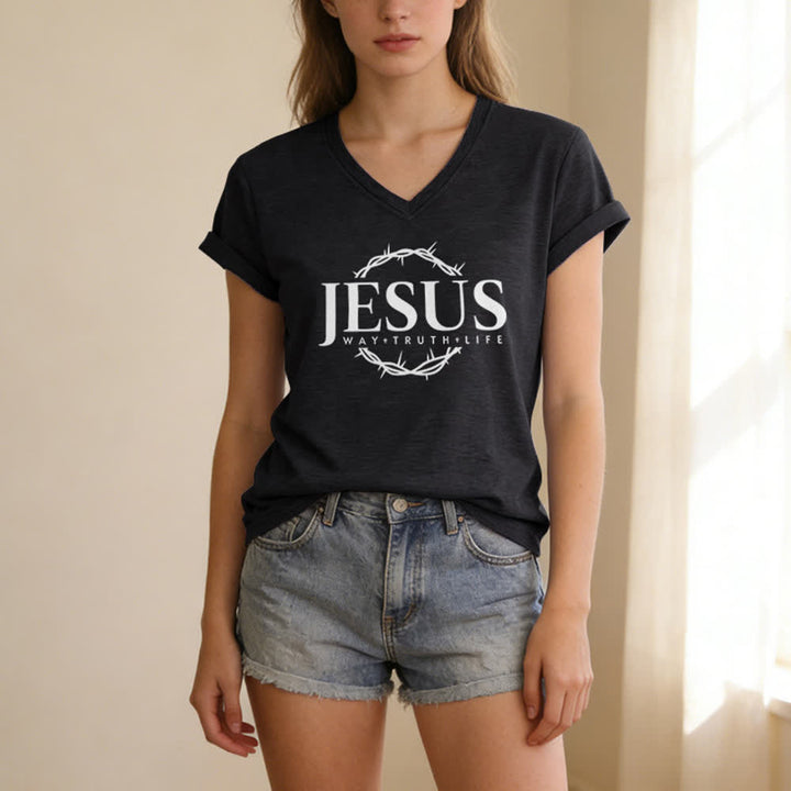 Christianartworkshop Women's Jesus Print Casual Print V-Neck T-shirt - image 1